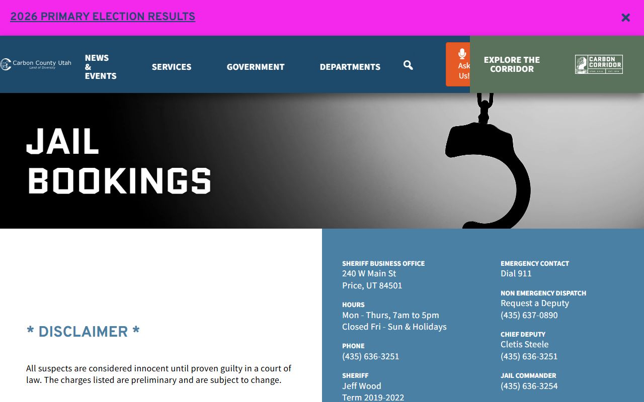 Carbon County inmate population jail bookings table